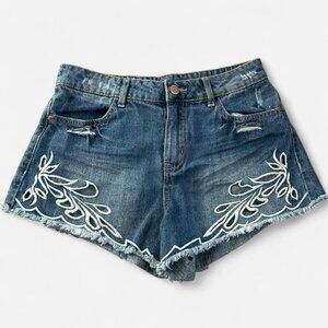 rue21 Women's Blue‎ Denim Cutoff Shorts Embroidered Fringe Pocket Casual